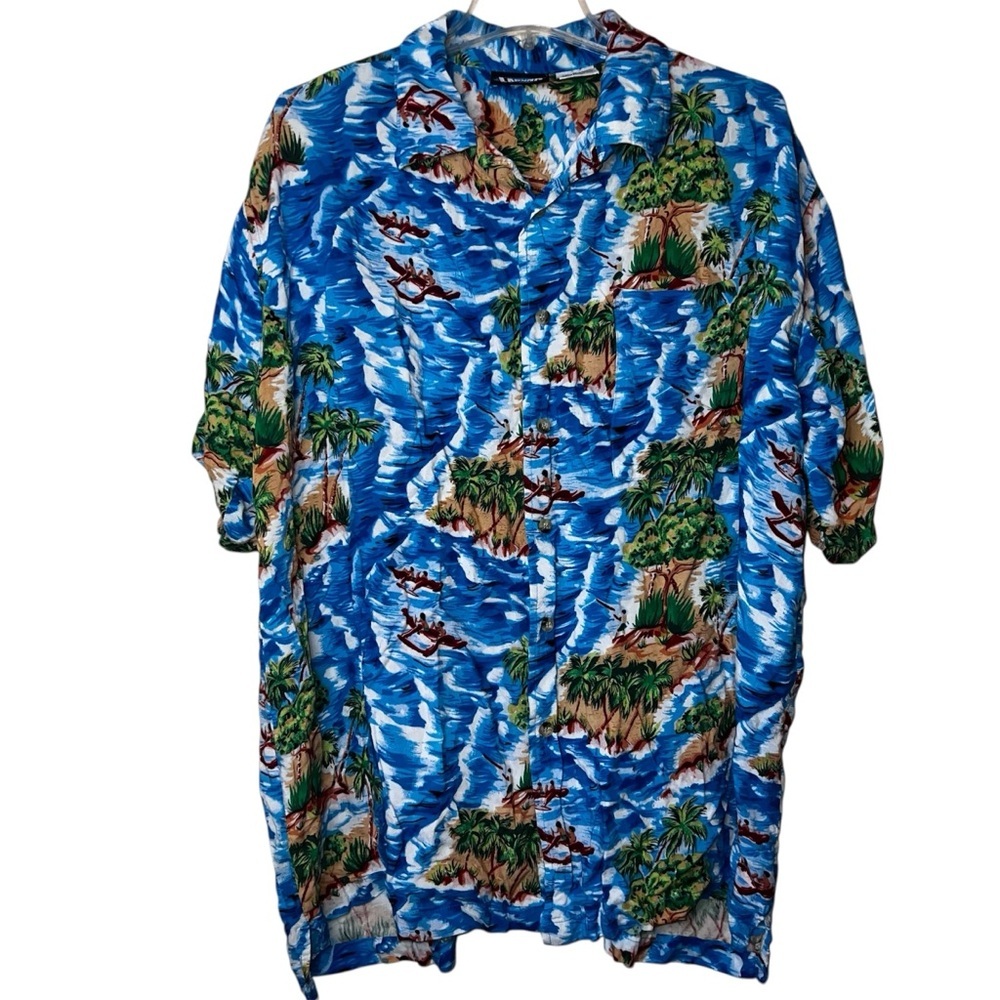 Vintage Laguna Hawaiian Short Sleeve Button Down Rayon Palm Trees Blue Size XL